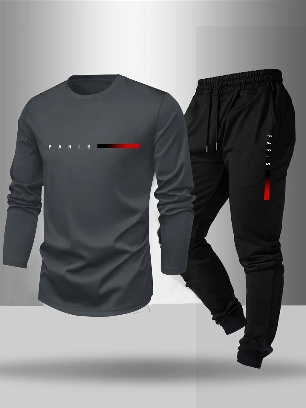 Men's Long Sleeve T-Shirt and Pants Set, Spring/Autumn 2pcs Paris Letter Print Crew Neck Long Sleeve Tee + Drawstring Outdoor Casual Sport Pants Set