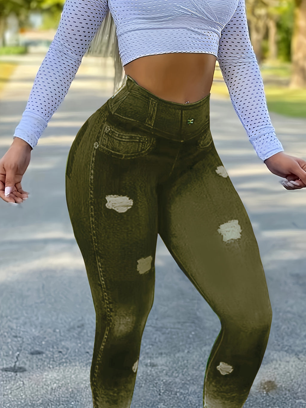 Chic Faux Denim Print High Waist Butt Lifting Sport Leggings - Stretchy Activewear for Womens Fashionable Fitness