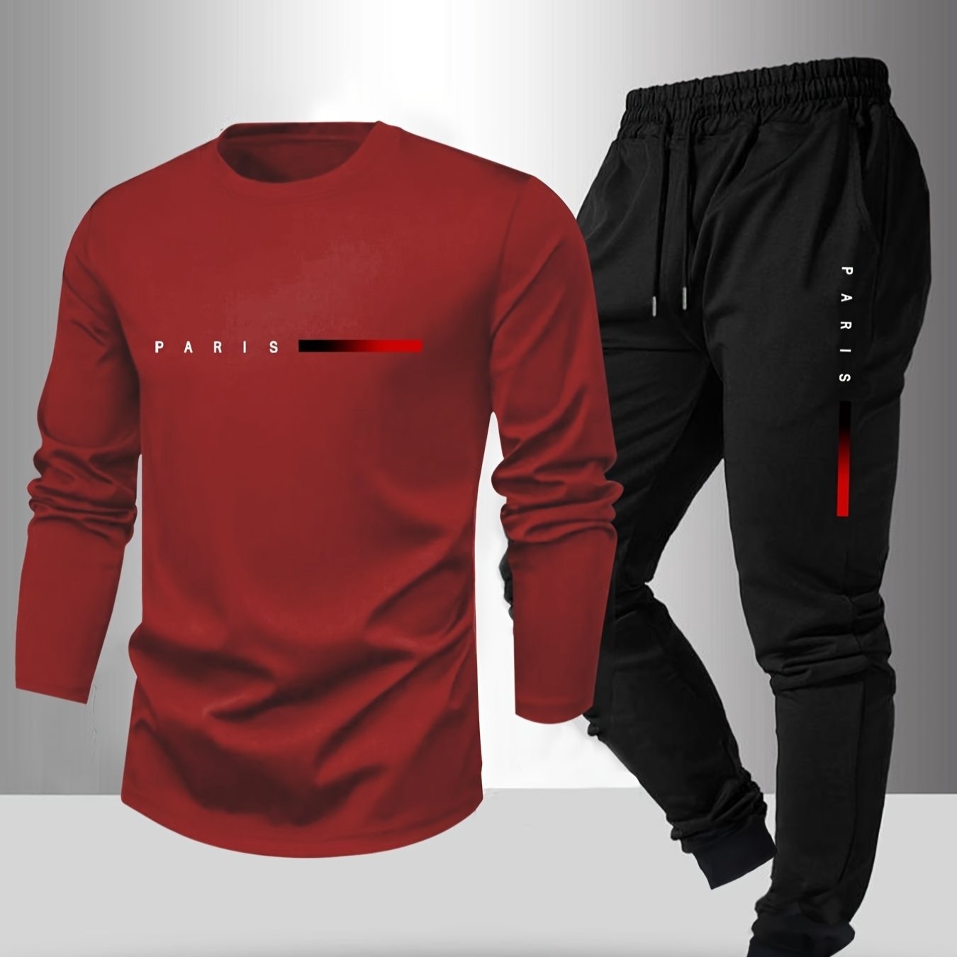 Men's Long Sleeve T-Shirt and Pants Set, Spring/Autumn 2pcs Paris Letter Print Crew Neck Long Sleeve Tee + Drawstring Outdoor Casual Sport Pants Set
