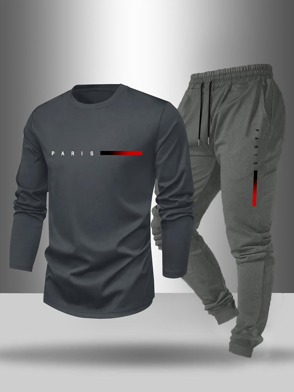 Men's Long Sleeve T-Shirt and Pants Set, Spring/Autumn 2pcs Paris Letter Print Crew Neck Long Sleeve Tee + Drawstring Outdoor Casual Sport Pants Set