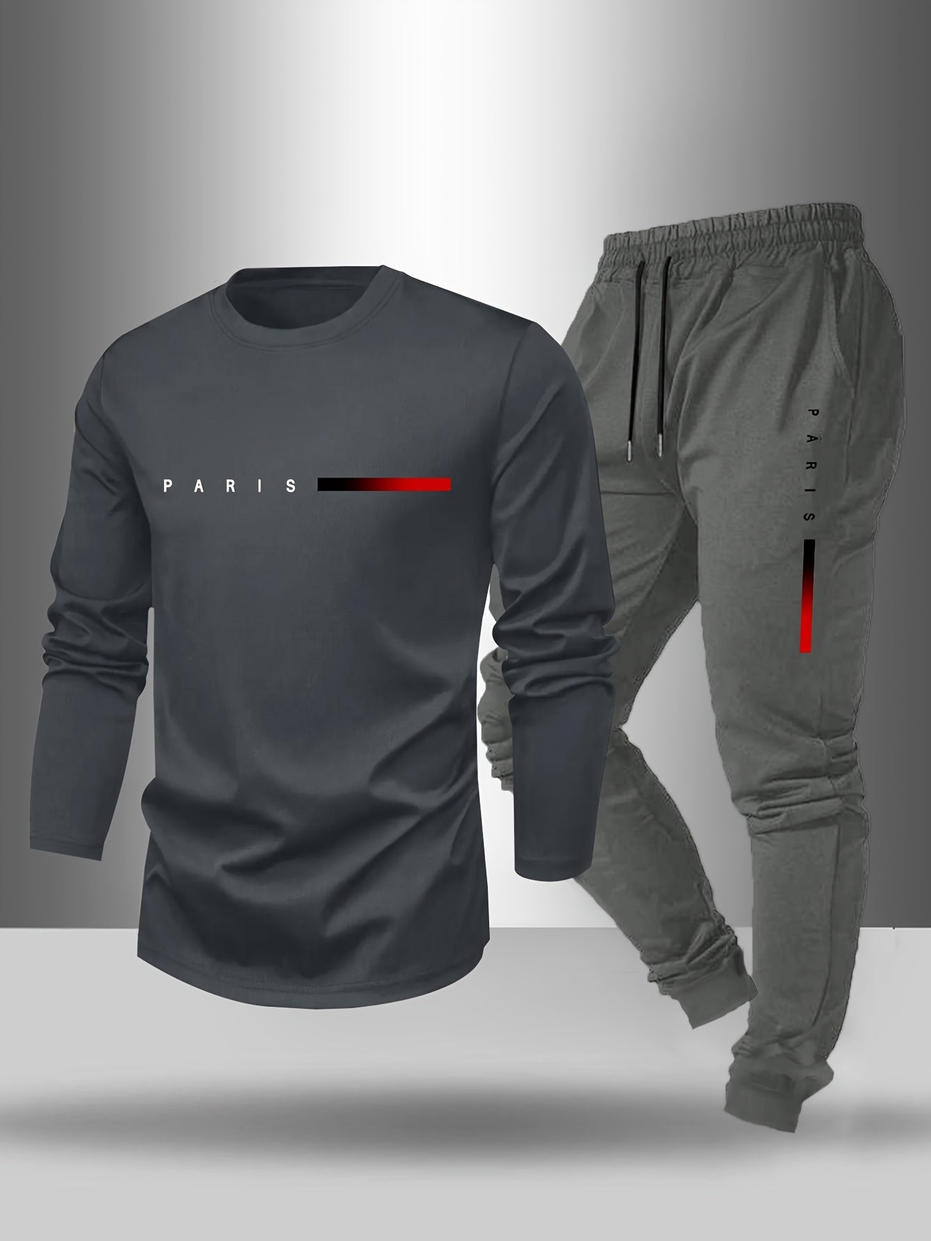 Men's Long Sleeve T-Shirt and Pants Set, Spring/Autumn 2pcs Paris Letter Print Crew Neck Long Sleeve Tee + Drawstring Outdoor Casual Sport Pants Set