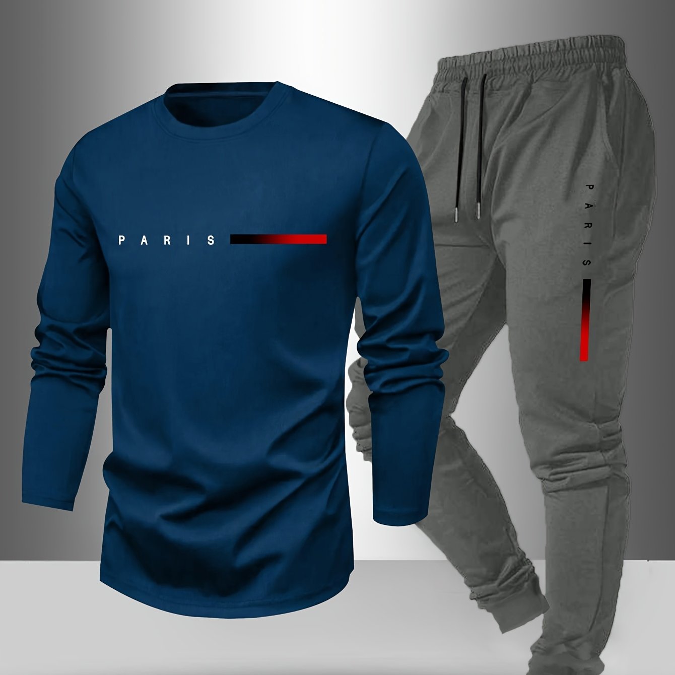 Men's Long Sleeve T-Shirt and Pants Set, Spring/Autumn 2pcs Paris Letter Print Crew Neck Long Sleeve Tee + Drawstring Outdoor Casual Sport Pants Set