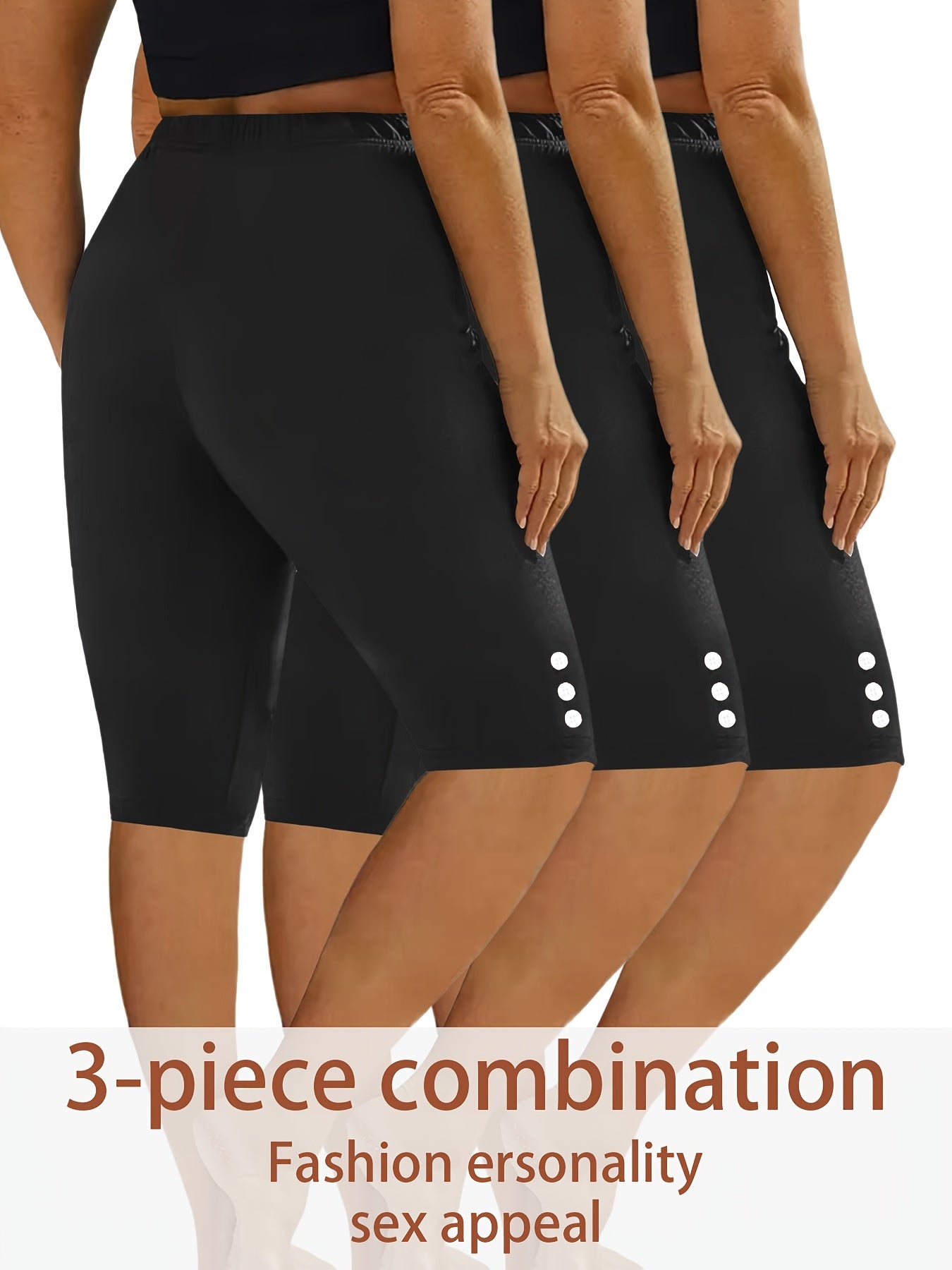 3pcs Casual Sport Leggings Shorts, Athleisure Wear, Workout Shorts, Classic Fit, Solid Color, High Elasticity, Stretch Fabric, Multipack Shorts, Training Shorts, Fitness Enthusiasts, Lounge Wear