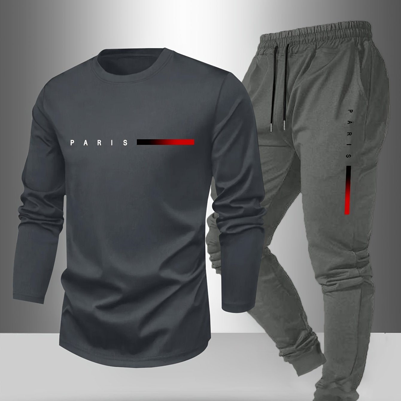 Men's Long Sleeve T-Shirt and Pants Set, Spring/Autumn 2pcs Paris Letter Print Crew Neck Long Sleeve Tee + Drawstring Outdoor Casual Sport Pants Set