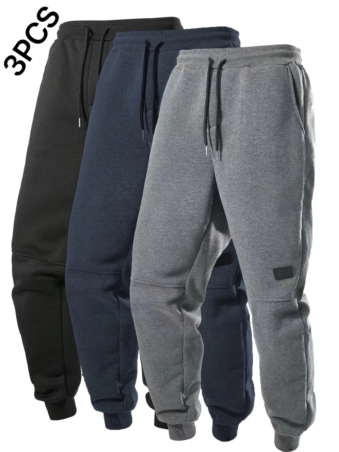 Men's Solid Color 3pcs Casual Joggers - Drawstring Pants With Pockets For Sport And Casual Wear