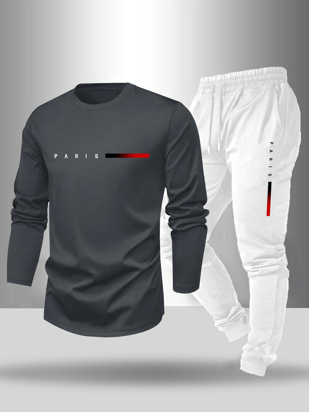 Men's Long Sleeve T-Shirt and Pants Set, Spring/Autumn 2pcs Paris Letter Print Crew Neck Long Sleeve Tee + Drawstring Outdoor Casual Sport Pants Set