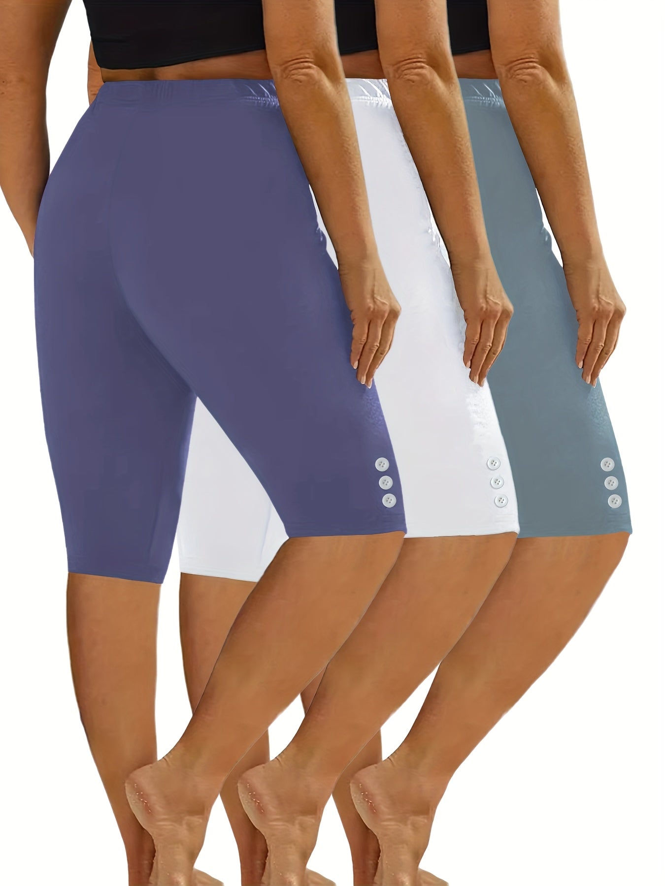 3pcs Casual Sport Leggings Shorts, Athleisure Wear, Workout Shorts, Classic Fit, Solid Color, High Elasticity, Stretch Fabric, Multipack Shorts, Training Shorts, Fitness Enthusiasts, Lounge Wear