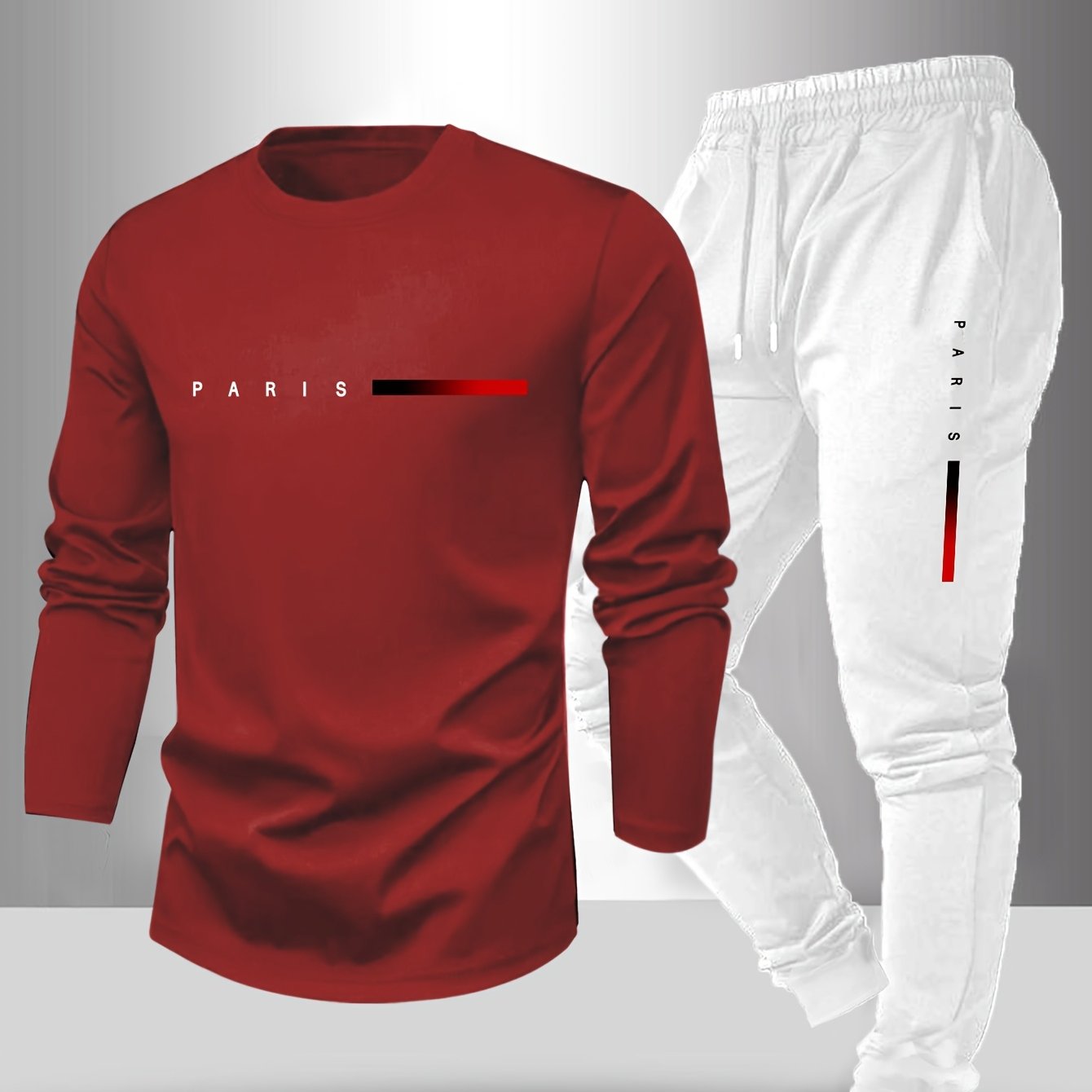 Men's Long Sleeve T-Shirt and Pants Set, Spring/Autumn 2pcs Paris Letter Print Crew Neck Long Sleeve Tee + Drawstring Outdoor Casual Sport Pants Set