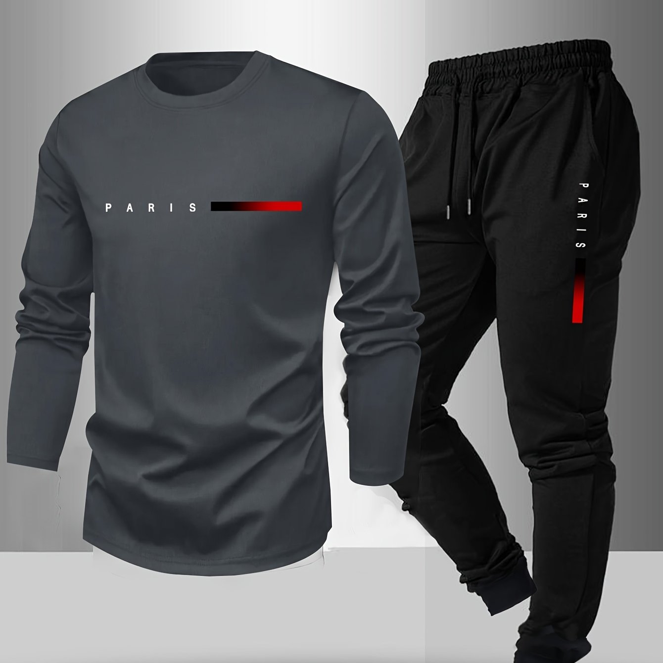 Men's Long Sleeve T-Shirt and Pants Set, Spring/Autumn 2pcs Paris Letter Print Crew Neck Long Sleeve Tee + Drawstring Outdoor Casual Sport Pants Set