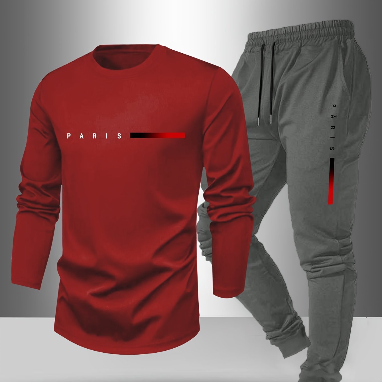Men's Long Sleeve T-Shirt and Pants Set, Spring/Autumn 2pcs Paris Letter Print Crew Neck Long Sleeve Tee + Drawstring Outdoor Casual Sport Pants Set