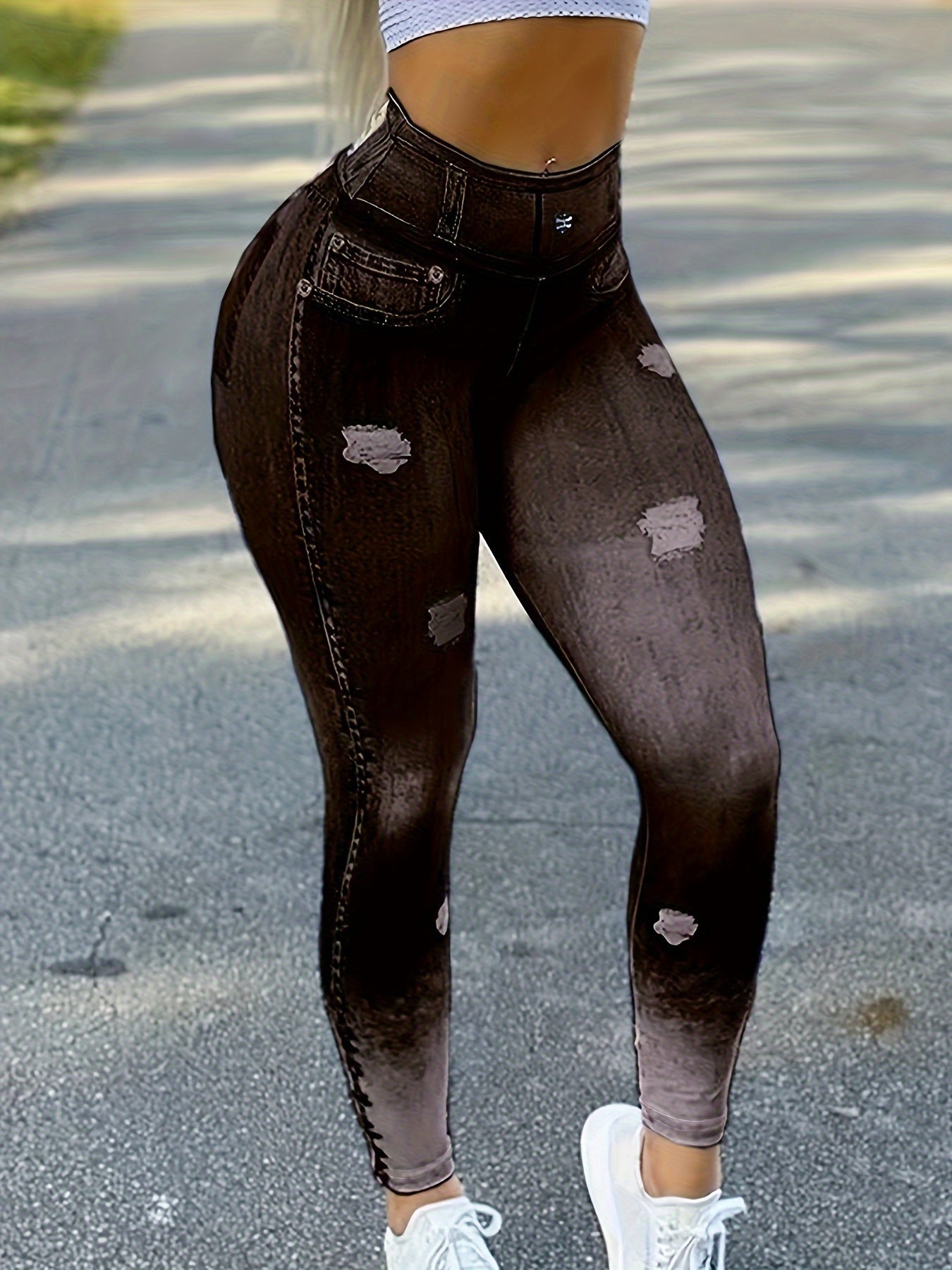 Chic Faux Denim Print High Waist Butt Lifting Sport Leggings - Stretchy Activewear for Womens Fashionable Fitness