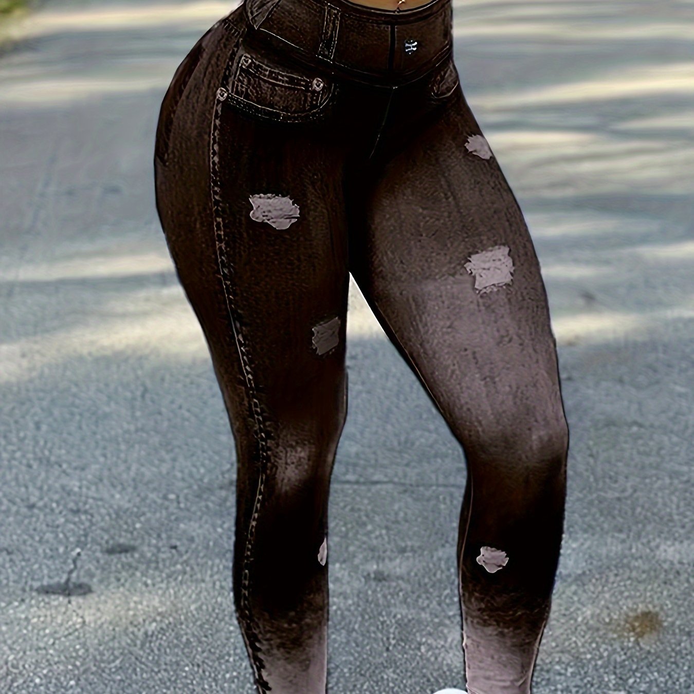 Chic Faux Denim Print High Waist Butt Lifting Sport Leggings - Stretchy Activewear for Womens Fashionable Fitness