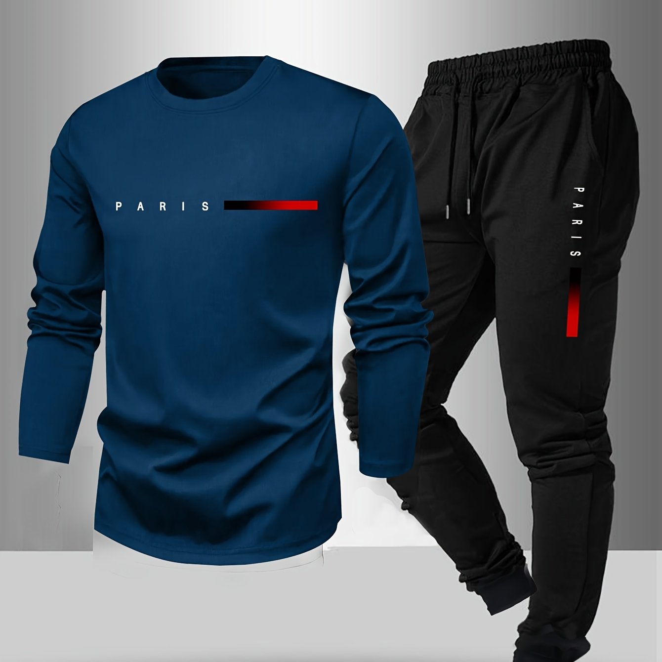 Men's Long Sleeve T-Shirt and Pants Set, Spring/Autumn 2pcs Paris Letter Print Crew Neck Long Sleeve Tee + Drawstring Outdoor Casual Sport Pants Set