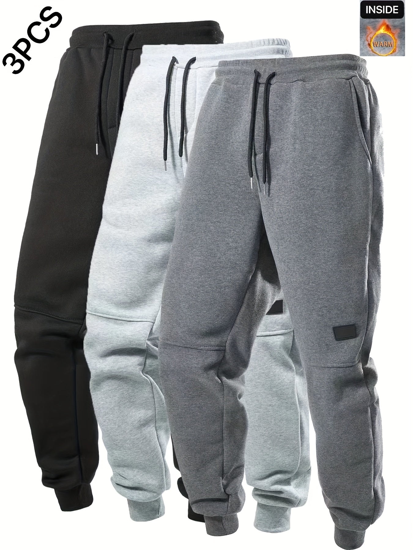 Men's Solid Color 3pcs Casual Joggers - Drawstring Pants With Pockets For Sport And Casual Wear