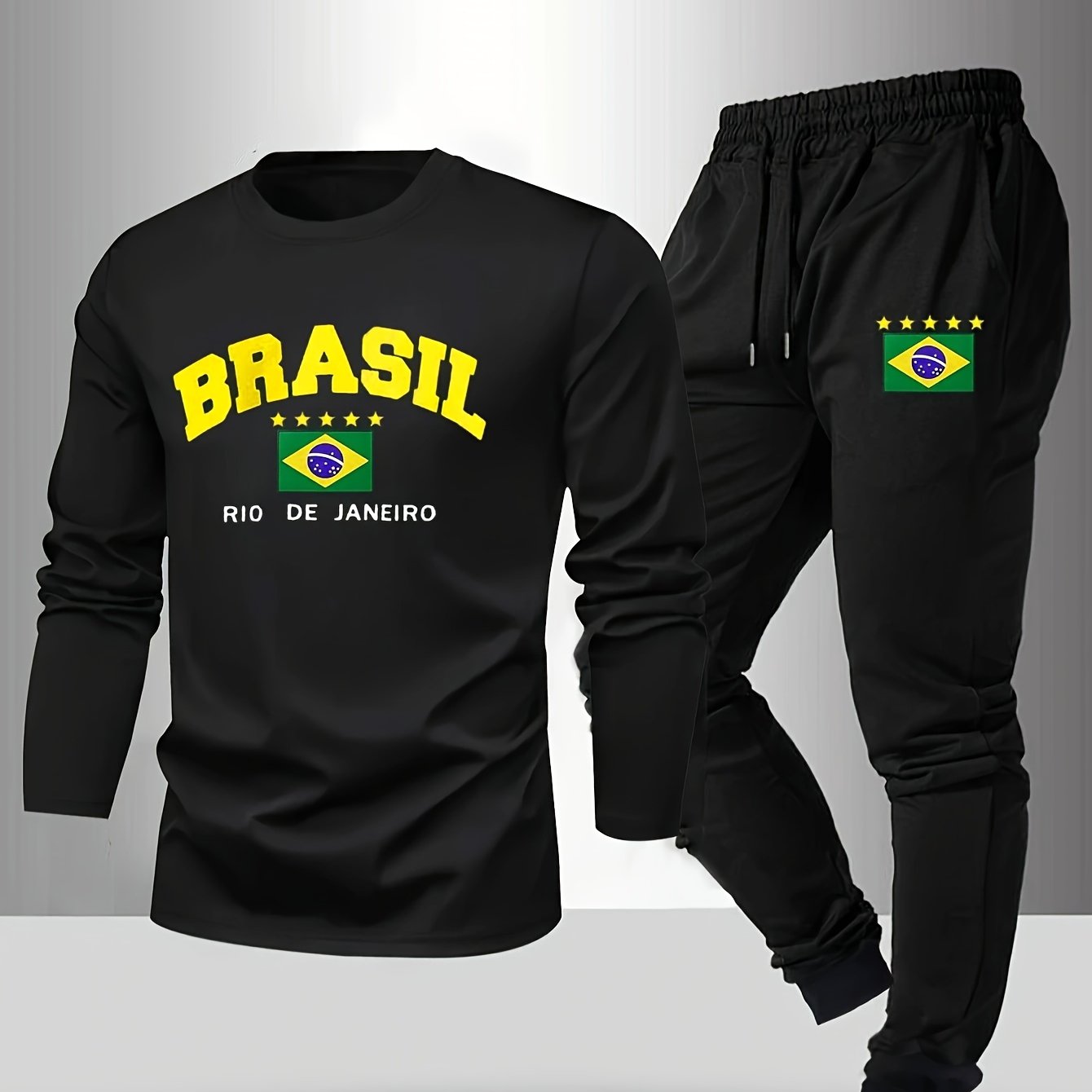 Men's Long Sleeve T-Shirt and Pants Set, Spring/Autumn 2pcs Paris Letter Print Crew Neck Long Sleeve Tee + Drawstring Outdoor Casual Sport Pants Set