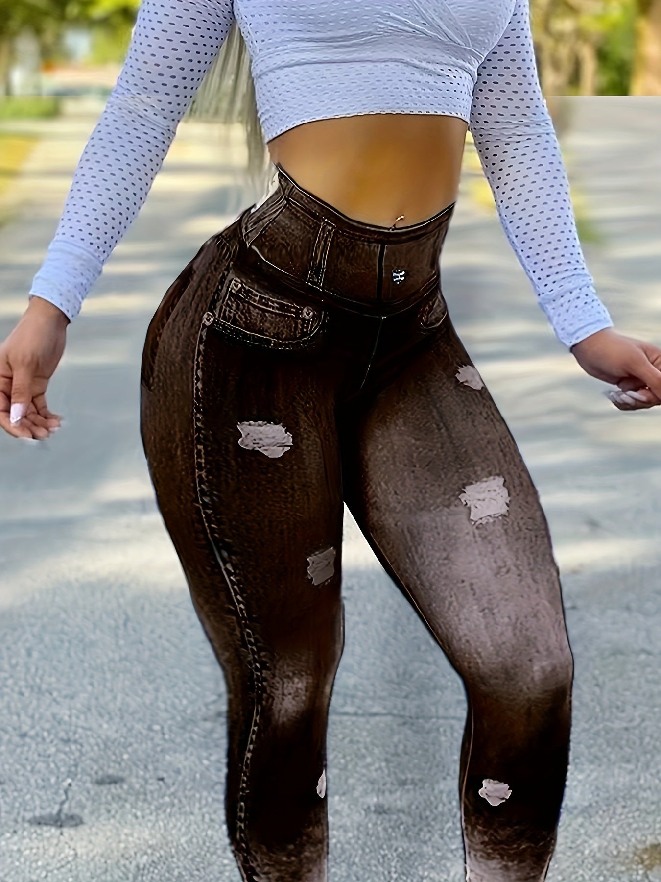 Chic Faux Denim Print High Waist Butt Lifting Sport Leggings - Stretchy Activewear for Womens Fashionable Fitness