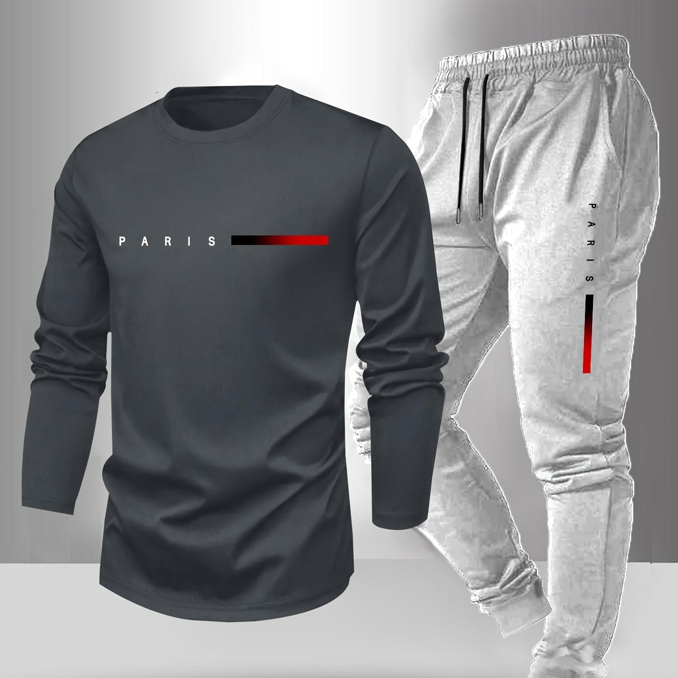 Men's Long Sleeve T-Shirt and Pants Set, Spring/Autumn 2pcs Paris Letter Print Crew Neck Long Sleeve Tee + Drawstring Outdoor Casual Sport Pants Set