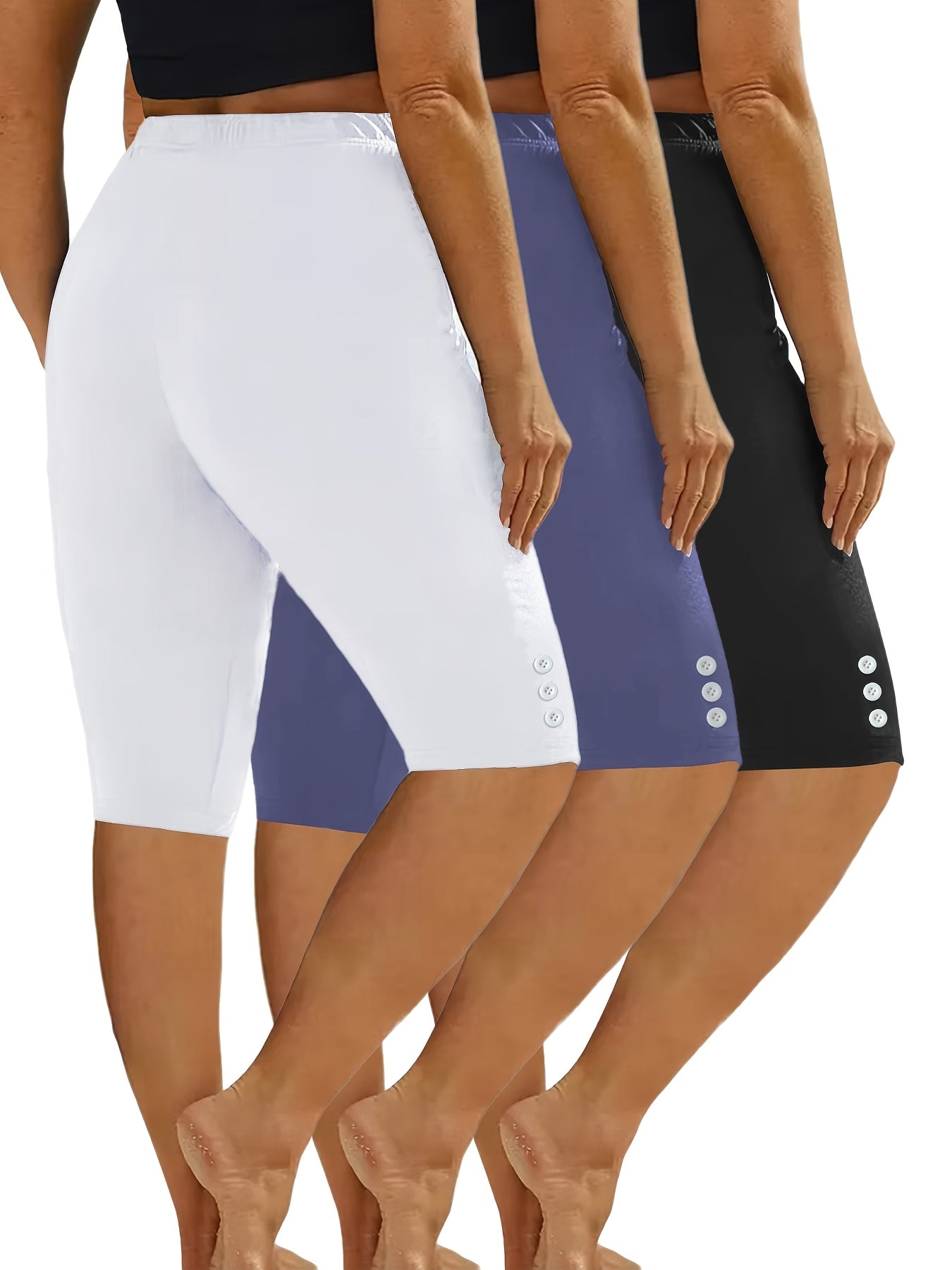3pcs Casual Sport Leggings Shorts, Athleisure Wear, Workout Shorts, Classic Fit, Solid Color, High Elasticity, Stretch Fabric, Multipack Shorts, Training Shorts, Fitness Enthusiasts, Lounge Wear
