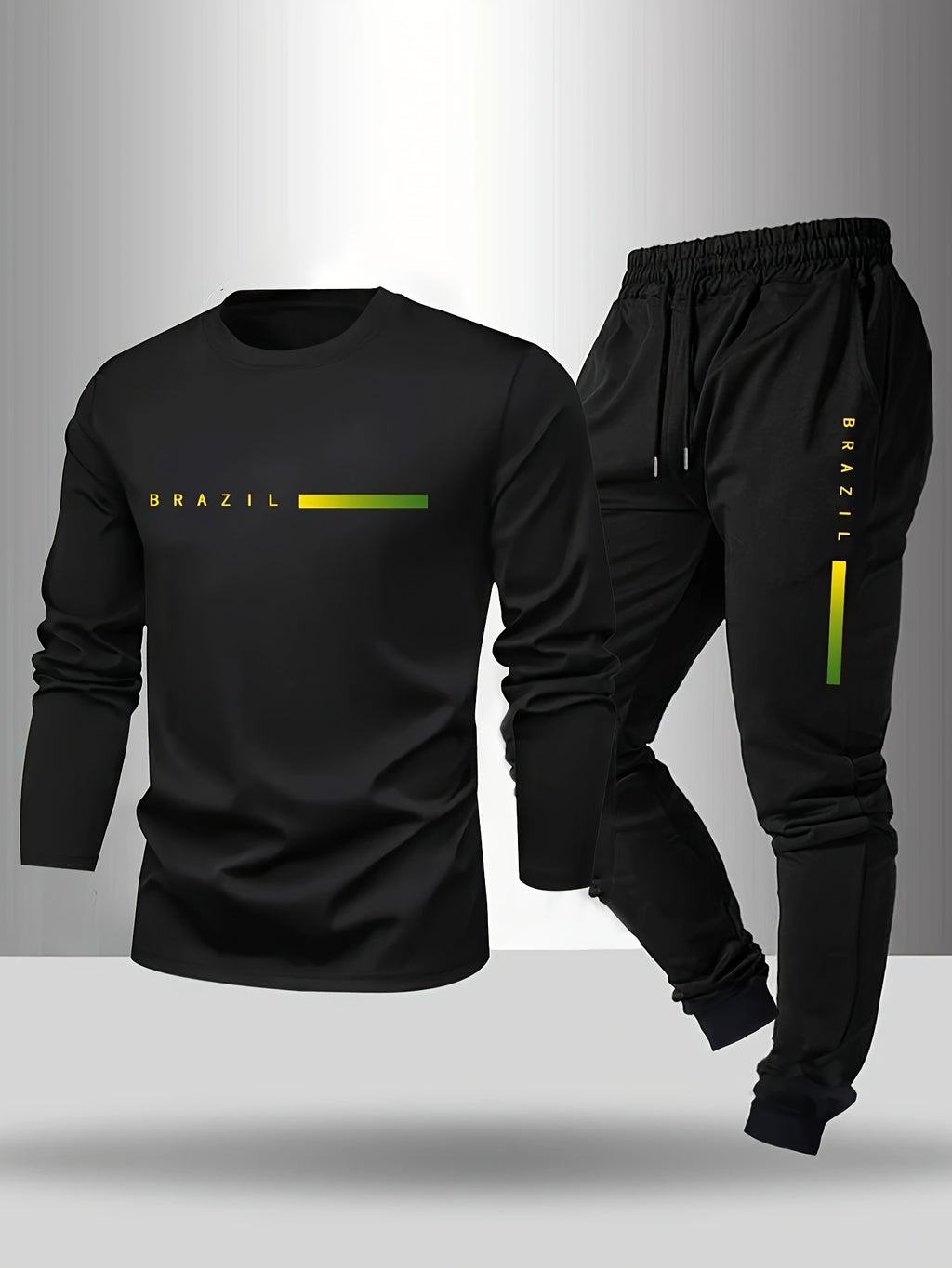 Men's Long Sleeve T-Shirt and Pants Set, Spring/Autumn 2pcs Paris Letter Print Crew Neck Long Sleeve Tee + Drawstring Outdoor Casual Sport Pants Set