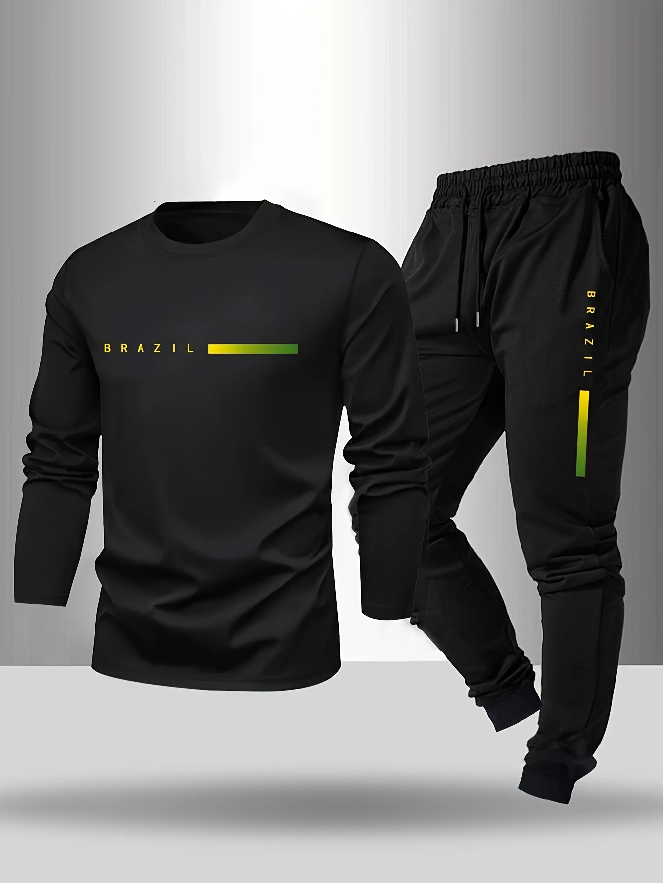 Men's Long Sleeve T-Shirt and Pants Set, Spring/Autumn 2pcs Paris Letter Print Crew Neck Long Sleeve Tee + Drawstring Outdoor Casual Sport Pants Set