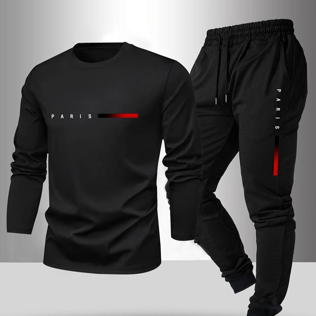 Men's Long Sleeve T-Shirt and Pants Set, Spring/Autumn 2pcs Paris Letter Print Crew Neck Long Sleeve Tee + Drawstring Outdoor Casual Sport Pants Set