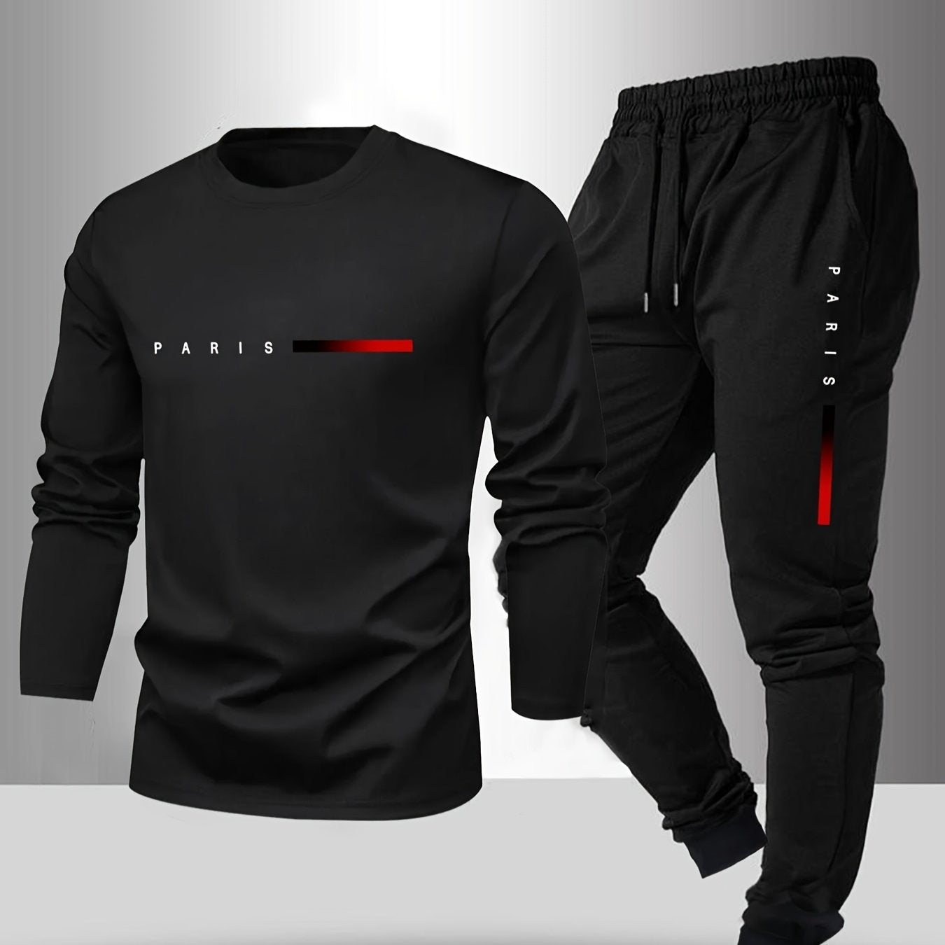 Men's Long Sleeve T-Shirt and Pants Set, Spring/Autumn 2pcs Paris Letter Print Crew Neck Long Sleeve Tee + Drawstring Outdoor Casual Sport Pants Set