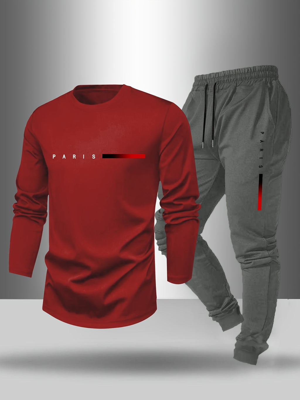 Men's Long Sleeve T-Shirt and Pants Set, Spring/Autumn 2pcs Paris Letter Print Crew Neck Long Sleeve Tee + Drawstring Outdoor Casual Sport Pants Set