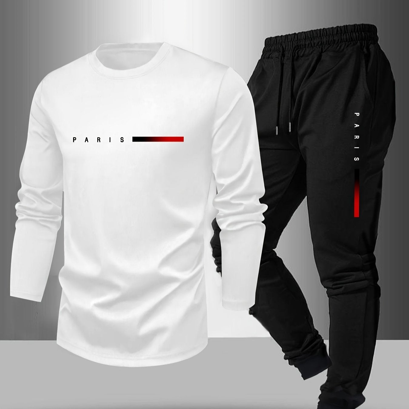 Men's Long Sleeve T-Shirt and Pants Set, Spring/Autumn 2pcs Paris Letter Print Crew Neck Long Sleeve Tee + Drawstring Outdoor Casual Sport Pants Set