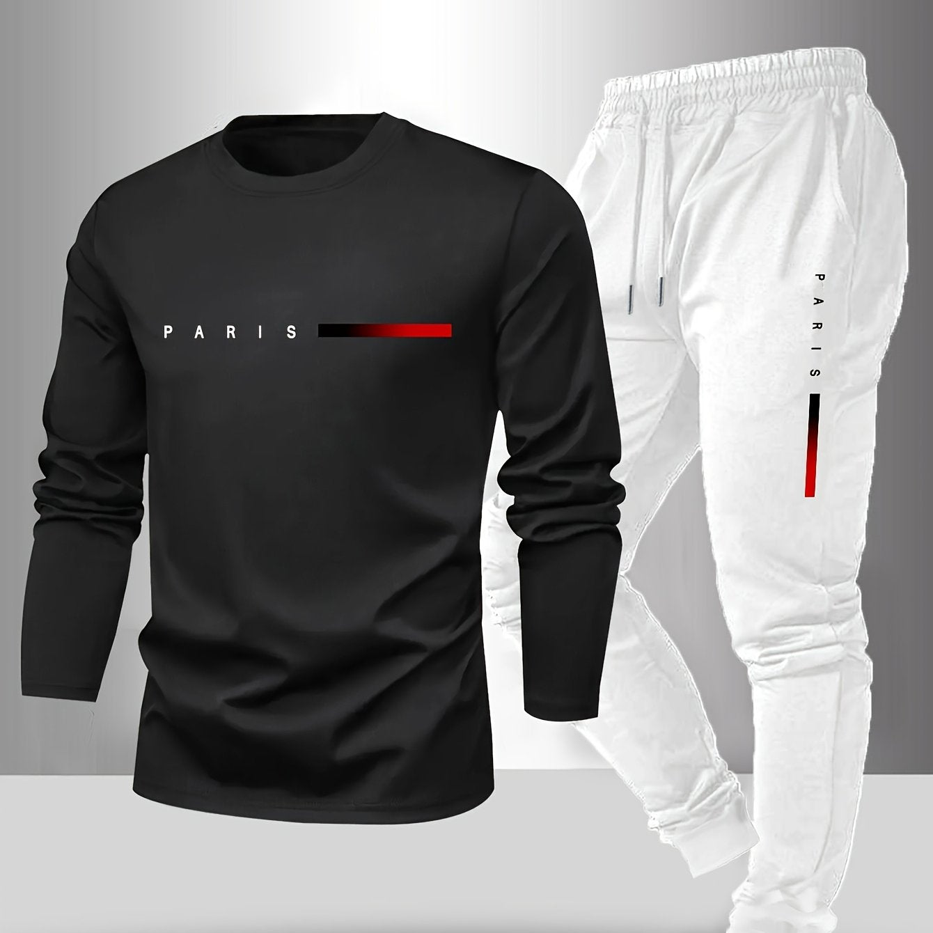 Men's Long Sleeve T-Shirt and Pants Set, Spring/Autumn 2pcs Paris Letter Print Crew Neck Long Sleeve Tee + Drawstring Outdoor Casual Sport Pants Set