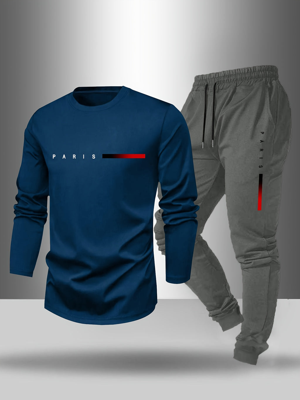 Men's Long Sleeve T-Shirt and Pants Set, Spring/Autumn 2pcs Paris Letter Print Crew Neck Long Sleeve Tee + Drawstring Outdoor Casual Sport Pants Set