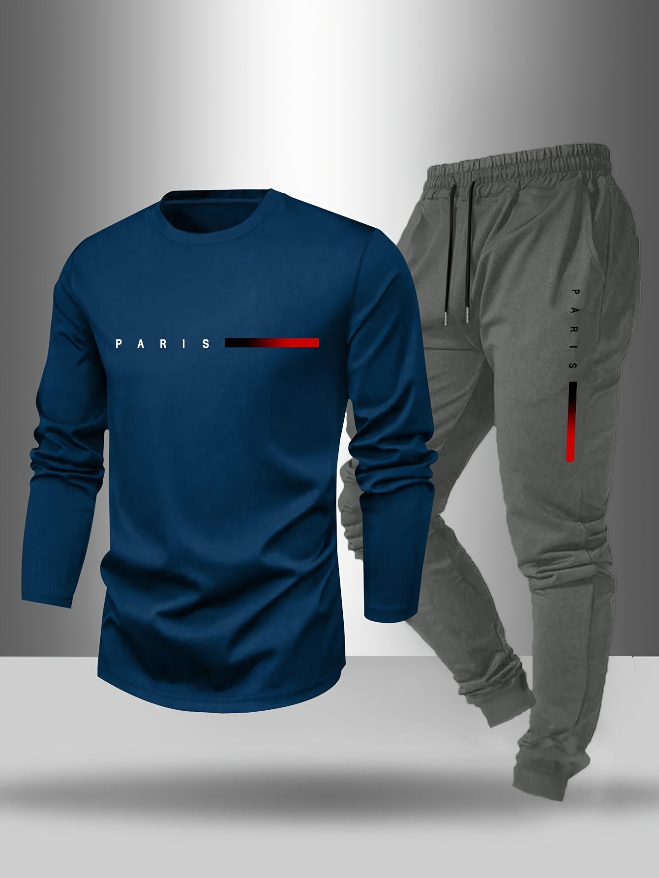 Men's Long Sleeve T-Shirt and Pants Set, Spring/Autumn 2pcs Paris Letter Print Crew Neck Long Sleeve Tee + Drawstring Outdoor Casual Sport Pants Set