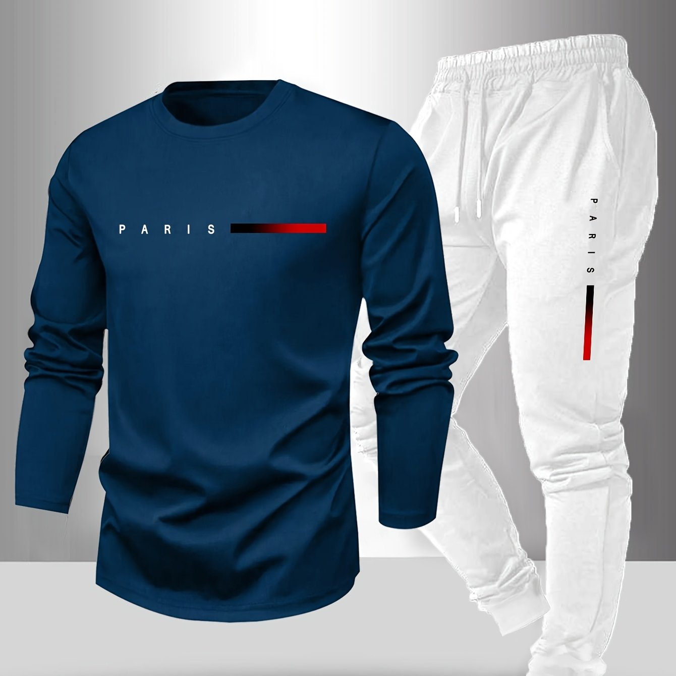 Men's Long Sleeve T-Shirt and Pants Set, Spring/Autumn 2pcs Paris Letter Print Crew Neck Long Sleeve Tee + Drawstring Outdoor Casual Sport Pants Set