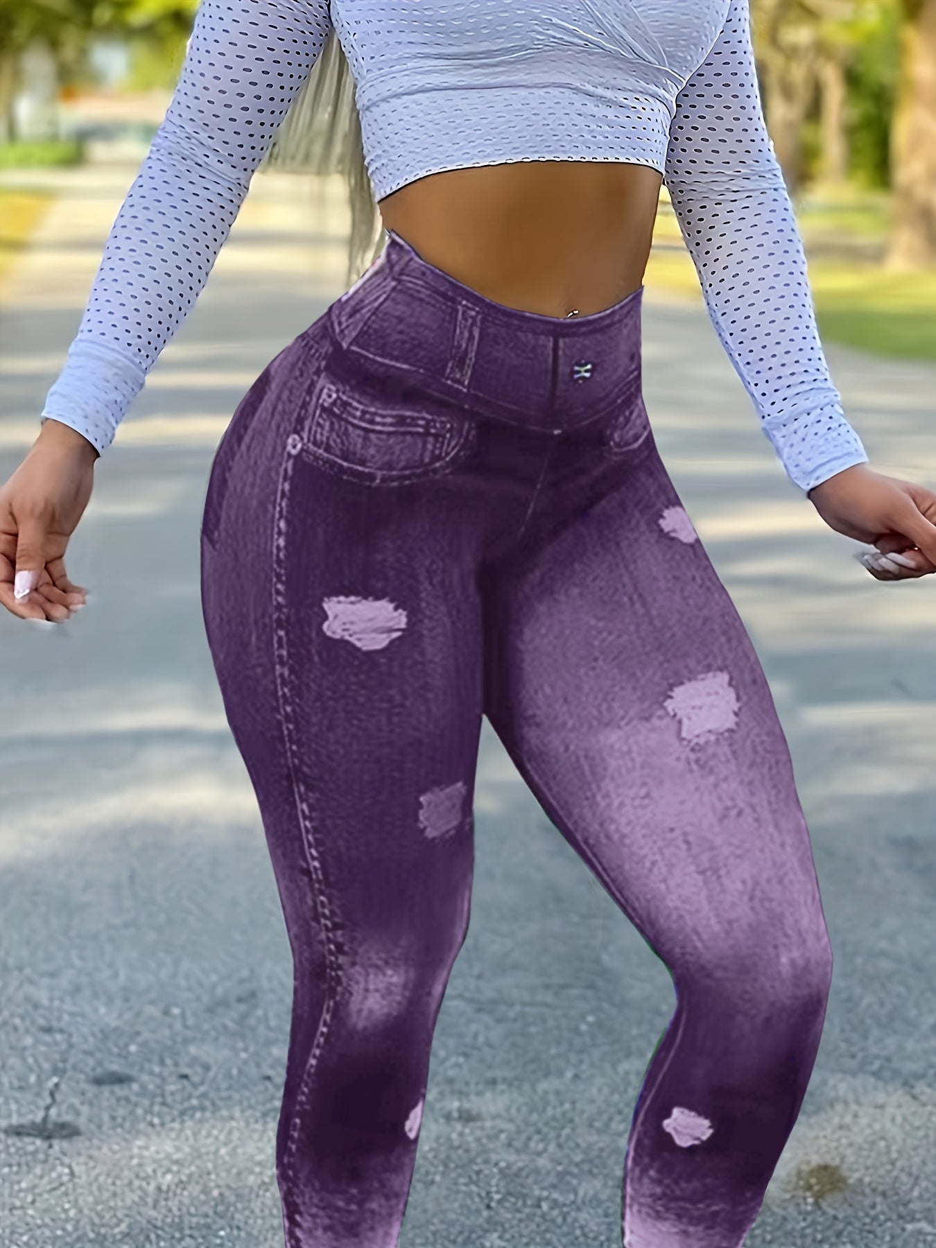 Chic Faux Denim Print High Waist Butt Lifting Sport Leggings - Stretchy Activewear for Womens Fashionable Fitness