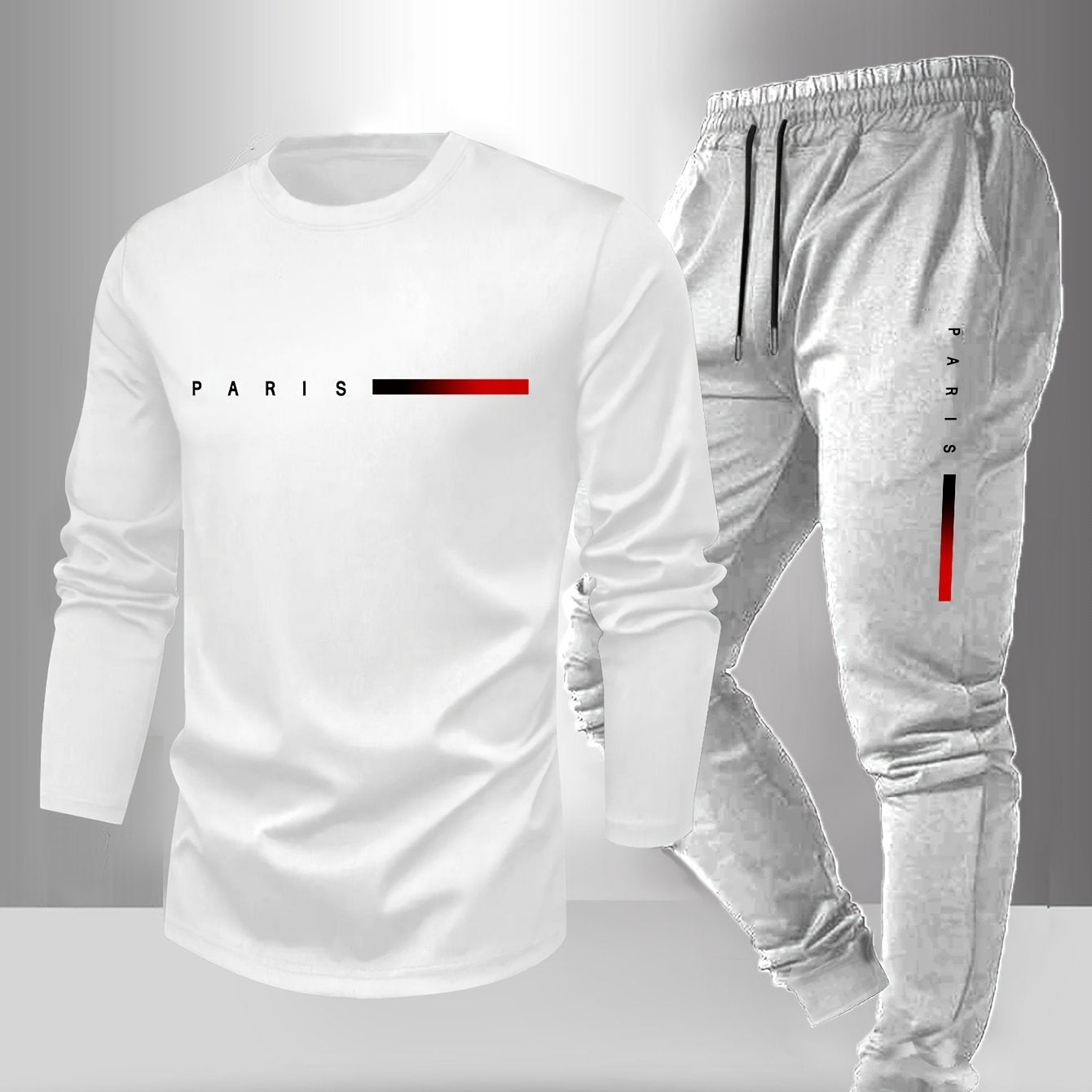 Men's Long Sleeve T-Shirt and Pants Set, Spring/Autumn 2pcs Paris Letter Print Crew Neck Long Sleeve Tee + Drawstring Outdoor Casual Sport Pants Set