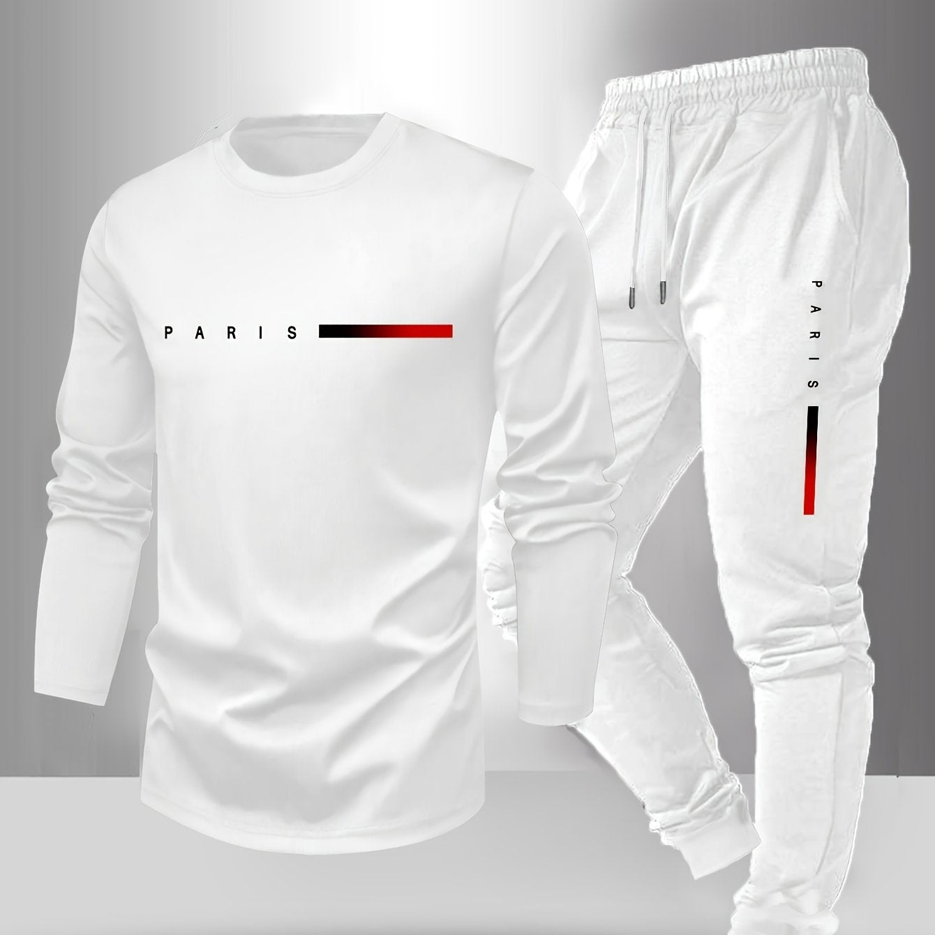 Men's Long Sleeve T-Shirt and Pants Set, Spring/Autumn 2pcs Paris Letter Print Crew Neck Long Sleeve Tee + Drawstring Outdoor Casual Sport Pants Set