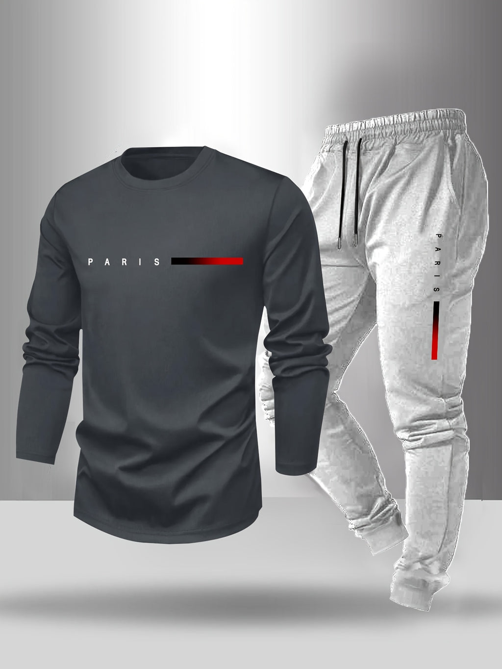 Men's Long Sleeve T-Shirt and Pants Set, Spring/Autumn 2pcs Paris Letter Print Crew Neck Long Sleeve Tee + Drawstring Outdoor Casual Sport Pants Set