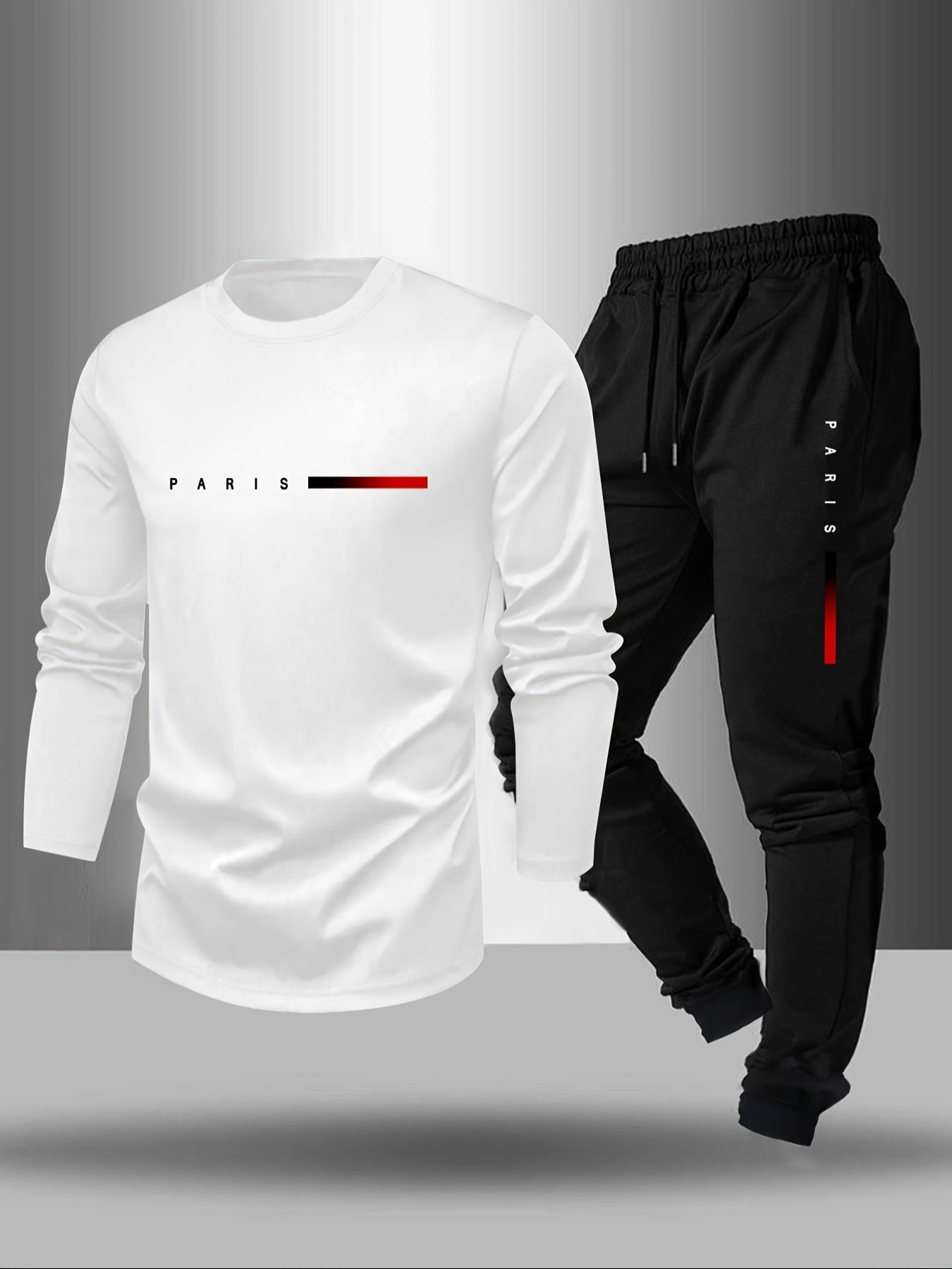 Men's Long Sleeve T-Shirt and Pants Set, Spring/Autumn 2pcs Paris Letter Print Crew Neck Long Sleeve Tee + Drawstring Outdoor Casual Sport Pants Set