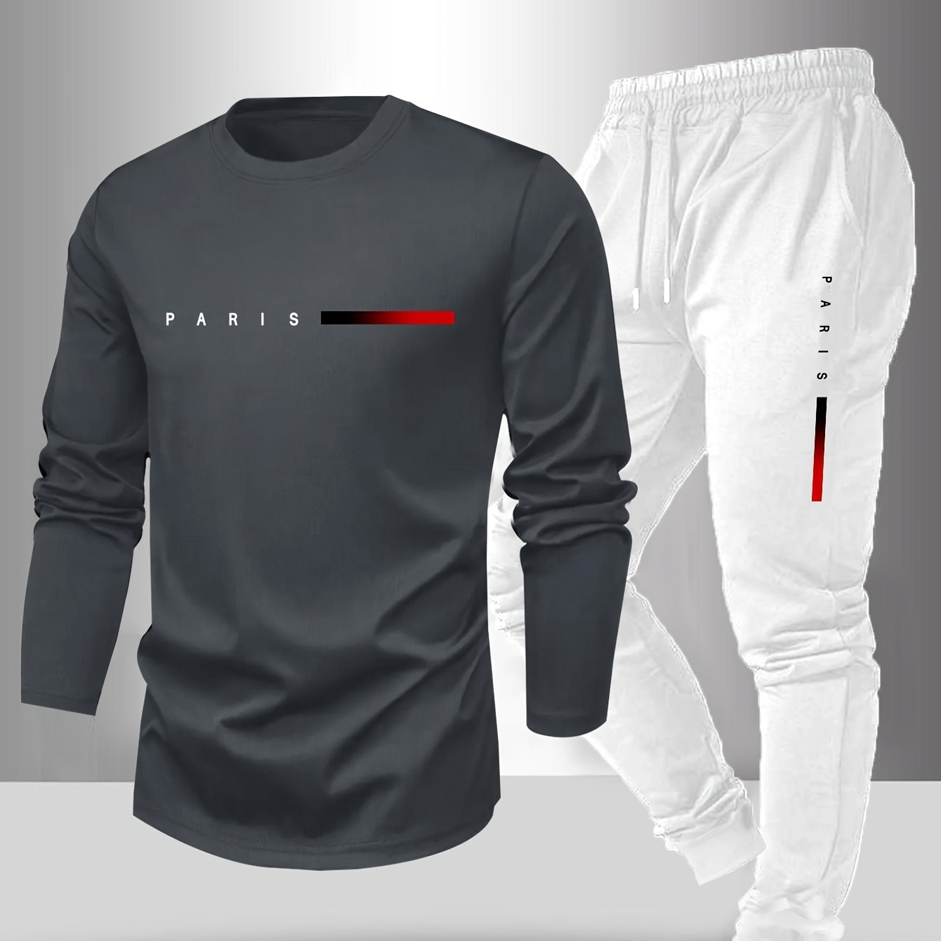 Men's Long Sleeve T-Shirt and Pants Set, Spring/Autumn 2pcs Paris Letter Print Crew Neck Long Sleeve Tee + Drawstring Outdoor Casual Sport Pants Set
